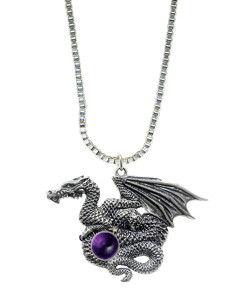 Sterling Silver Dragon of Many Treasures Pendant With Amethyst